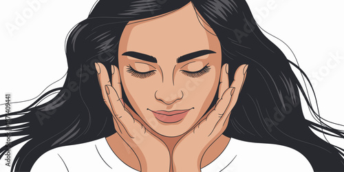 Elegant woman with dark hair touching face in serene pose beauty wellness concept skincare routine cosmetic application isolated on white background for health and lifestyle advertising marketing mate