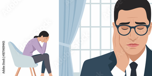 Stressed businessman with hand on face in office setting with frustrated woman sitting in chair feeling anxiety crisis burnout corporate mental health illustration for presentation marketing advertisi