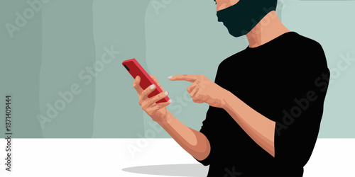 Anonymous person using red smartphone mobile device for online communication digital access identity theft protection or secure data transfer application for modern business technology concept vector