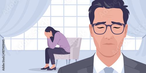 Professional therapist listens empathetically to upset female patient during counseling session in office setting mental health support and guidance for emotional wellbeing in modern psychology health