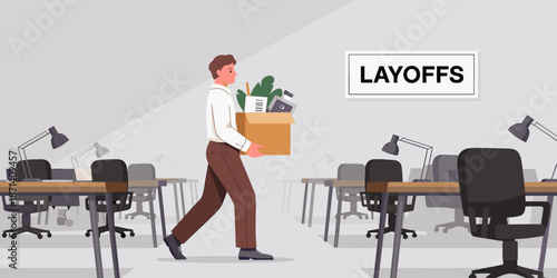 Fired employee carrying box of belongings leaving office workspace after layoffs announcement staff downsizing job loss employee dismissal workforce reduction unemployment in corporate business financ
