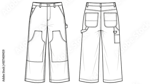 Wide-Legged Carpenter Pants Fashion Flat Sketch Templates Illustrate Garments Design for Womenswear Apparel with Pockets and Tool Loops, Showcasing Technical Drawings and Construct.