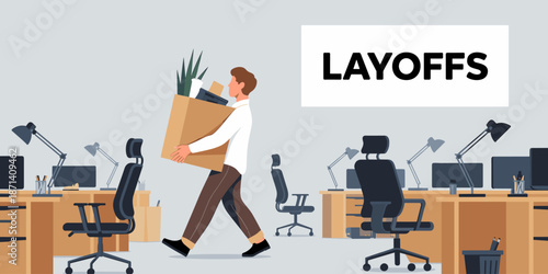 Fired businessman carrying belongings in box leaving office after layoffs announcement employee dismissal corporate downsizing job loss termination unemployment economic downturn business illustration