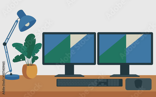 Dual monitor computer setup with keyboard and mouse on desk with lamp and potted plant modern workspace concept for remote work productivity and online learning in education technology and business pr