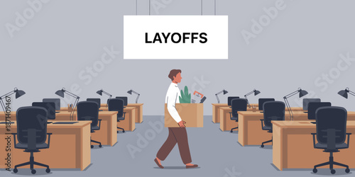 Sad man carrying box after layoffs in empty office space with desks and computers professional corporate downsizing employee fired from job unemployment business concept for presentation website and s