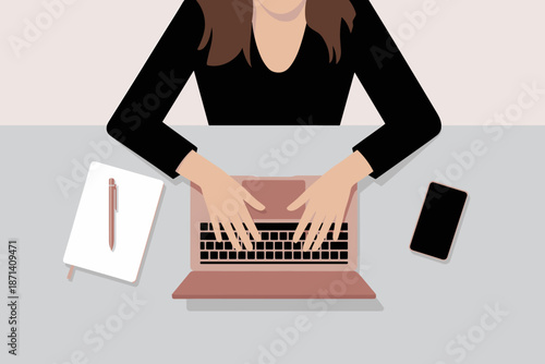 Businesswoman typing on laptop computer in modern office workspace professional remote employee character illustration for corporate presentations business technology concept woman at desk notebook an