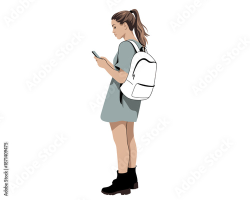 Stylish young woman using smartphone mobile device wearing dress and backpack in modern minimalist vector illustration for fashion lifestyle blog post social media marketing material for online retail