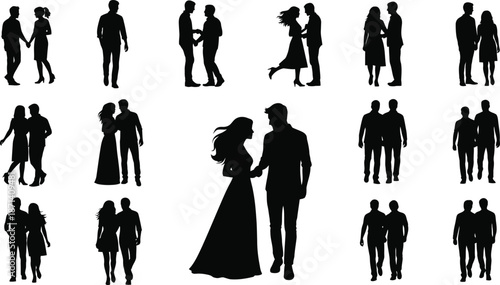 Collection of black silhouettes of couples and individuals isolated on transparent background