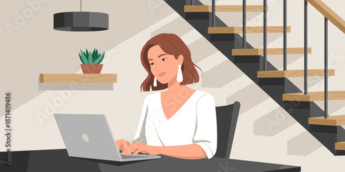 Smiling young woman working on laptop computer at modern home office desk confident professional in remote work lifestyle for online education corporate presentation technology and communication busin