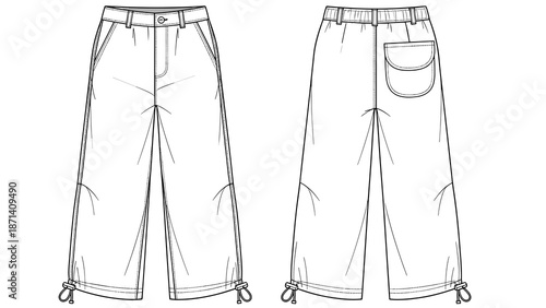 Fashionable wide-leg pants technical sketch showcases modern women's apparel design, presenting stylish trousers with drawstring tie details for fashion industry presentations, mar.