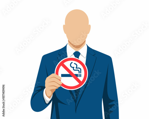 No smoking sign held by faceless businessman in suit for healthy lifestyle campaign nicotine free workplace policy illustration for health awareness presentation clean air environment anti smoking adv