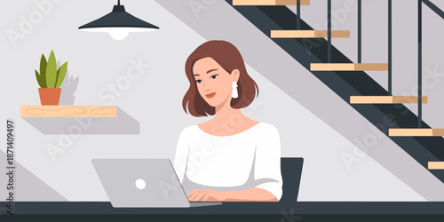 Young professional woman working on laptop computer at home office desk in modern minimalist interior design staircase stylish remote worker employee character illustration for business technology sta