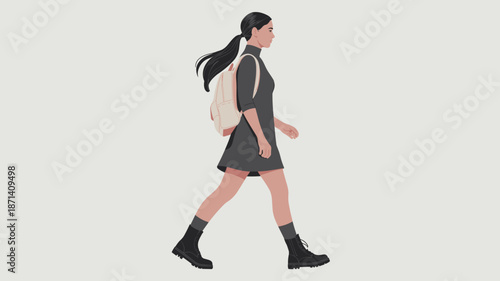 Young woman walking with backpack in casual dress and boots commuter student lifestyle illustration for fashion blog or travel website modern minimalist design active lifestyle concept simple flat vec