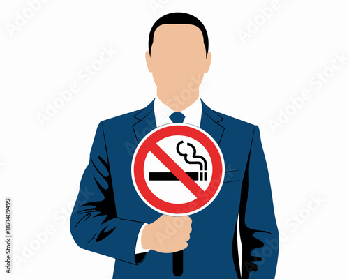 Faceless business person holding no smoking sign concept for healthy lifestyle and smoke free workplace policy campaign against cigarette tobacco addiction in public areas illustration for healthcare