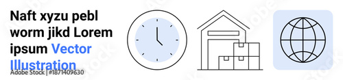 Logistics, global trade, supply chain, time management, warehouse storage, international distribution. Set of icons a globe, a clock and a warehouse with boxes. Logistics and global trade concept