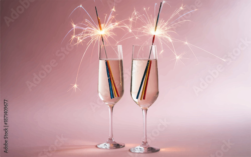 Two champagne flutes with sparklers on pink background for celebration