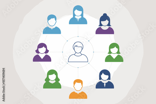 Diverse team members connected in network hub graphic illustration for business communication collaboration teamwork project management concept corporate leadership structure social media marketing pr