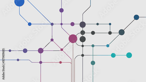 Abstract network connection background with colorful nodes and lines forming a complex system data visualization for technology infographic presentation website design digital communications innovatio