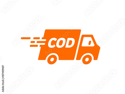 Fast orange delivery truck with COD text delivering goods quickly express shipping transportation and logistics service for e-commerce retail distribution business modern minimalist vector illustratio
