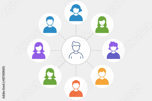 Diverse team network connections graphic representing collaboration and communication in a professional setting teamwork concept connecting people for business success with modern minimalist design fo