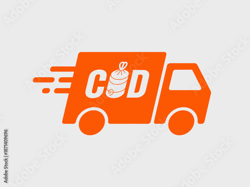 Fast orange delivery truck driving with cash on delivery COD package illustration for e-commerce online shopping service express shipment logistic transportation business advertisement promotional mar