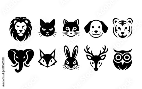 Graphic animal heads icon set vector illustration featuring lion cat dog tiger owl rabbit fox deer and elephant in modern minimalist black and white design for zoo wildlife nature conservation project