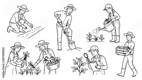 Gardening and Farming Line Art Illustration Set, gardening, farming, line art, planting, harvesting, watering plants, digging soil, agriculture, farmer sketch, gardener illustration, farm workers, 
