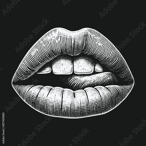 Engraved Lips Illustration: A Detailed Study of Sensuality and Expression.