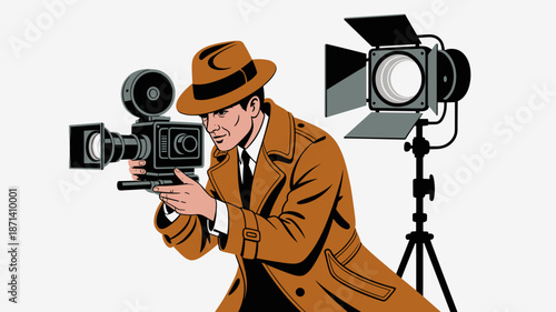 Retro cameraman with vintage film camera shooting scene under bright studio lights old fashioned movie maker in trench coat and hat cinematic production filmography professional entertainment industry