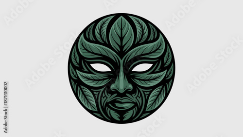 Mystical Leaf Face Mask Illustration with Intricate Details and Forest Green Color Palette symbolic representation of nature connection spirituality and ancient traditions for cultural event posters a