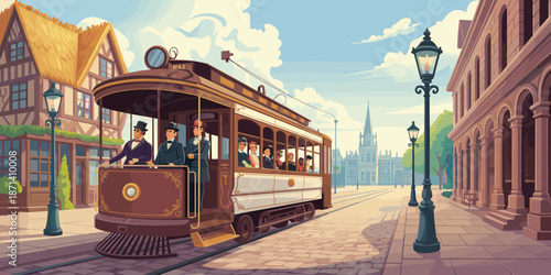 Vintage brown and white trolley carrying diverse passengers traveling through historic European city street with old buildings and lamp posts for tourism travel industry advertisement retro transporta