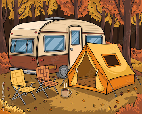 Cozy autumn camping scene with vintage camper and tent in colorful fall forest illustration featuring relaxing chairs and warm drink for outdoor adventure lifestyle travel and vacation themed marketin