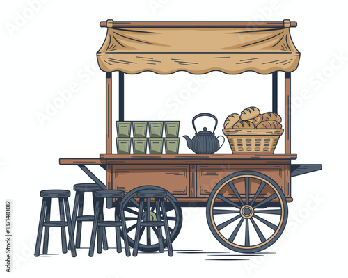 Charming bakery cart illustration serving fresh bread and tea cups outdoor vintage mobile street food stall with wooden wheels and stools for cafe shop advertisement traditional culinary experience cu