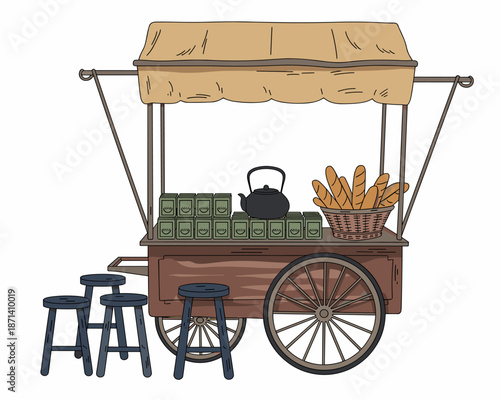 Vintage food cart vendor selling fresh baked baguettes and traditional tea in outdoor street market setting antique mobile wooden stall with kettle and stool seating for local community lifestyle and