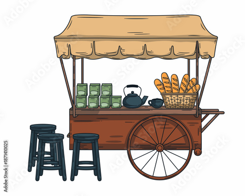 Charming cartoon street food cart illustration serving fresh bread and tea in vintage style with stools for customers traditional mobile vendor concept for local business and cultural tourism marketin