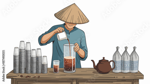 Vietnamese Coffee Preparing by Man in Conical Hat Delicious Traditional Drink Making with Condensed Milk in Tall Glass Cup on Wooden Table for Cafe Menu Restaurant Marketing Promotion 1950s Style