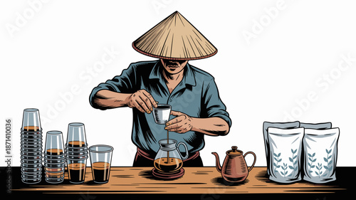 Traditional asian man pouring coffee in glass pot wearing conical hat authentic barista preparation process illustration for cafe promotion coffee shop advertising cultural experience beverage industr