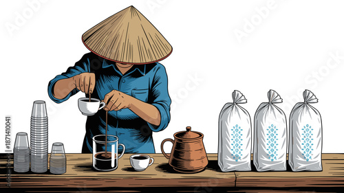 Traditional Vietnamese coffee maker preparing robusta coffee drink using phin filter on wooden table with bags of beans disposable cup and ceramic pot authentic cafe culture illustration for food blog