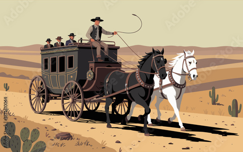 Vintage wild west stagecoach carrying passengers driven by cowboy through desert landscape antique horse drawn carriage in western scene old transportation illustration for history books travel touris