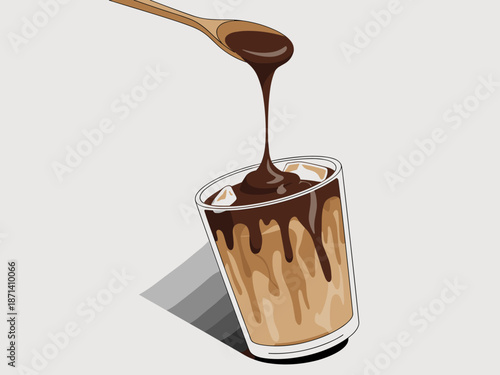 Iced latte with chocolate syrup being poured from a wooden spoon into glass with ice cubes refreshing tasty beverage illustration for cafe menu advertising blog post social media content creation in f