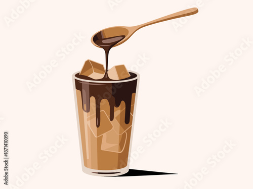 Iced mocha coffee drink with chocolate syrup being drizzled from wooden spoon into glass with ice cubes refreshing cold beverage illustration for cafe menu advertising summer refreshment sweet dessert