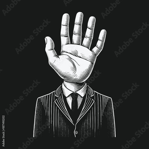 Surreal Hand-Headed Figure in Pinstripe Suit: A Conceptual Illustration.
