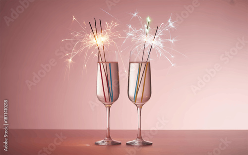 Two champagne flutes with sparklers on pink background