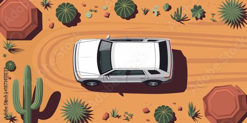 Aerial view of white SUV driving through arid desert landscape with cacti and rock formations adventure exploration vehicle for off roading travel and tourism in dry climate vacation getaway concept t