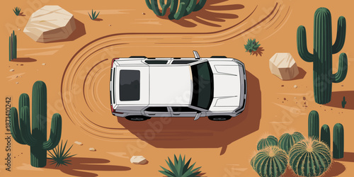 Aerial cartoon view of white suv car driving through desert landscape with cacti and arid plants leaving tire tracks in sand adventure vehicle off roading exploration for travel blogs automotive marke