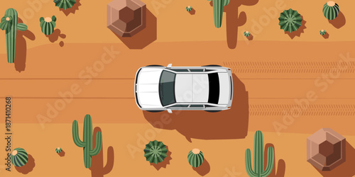 Aerial view of white suv car driving through arid desert landscape with cacti plants desert vehicle adventure travel graphic illustration for automotive industry offroad transportation exploration and