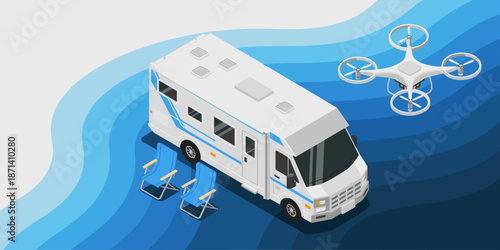Isometric RV Motorhome with Drone Flying Overhead and Blue Beach Chairs for Summer Vacation Travel Adventure Trip Planning Remote Work Lifestyle Recreational Vehicle Illustration for Tourism Marketing