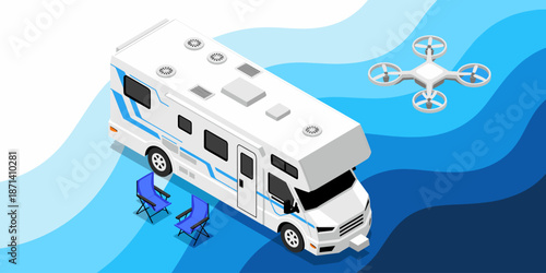Isometric RV motorhome parked with drone flying overhead for travel lifestyle vacation concept illustration. Recreational vehicle camping adventure with modern technology for summer holiday tourism an