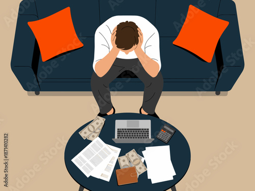 Stressed businessman with head in hands sitting on sofa at home with bills laptop calculator and money depicting financial problems debt crisis and economic downturn for business concept stress manage