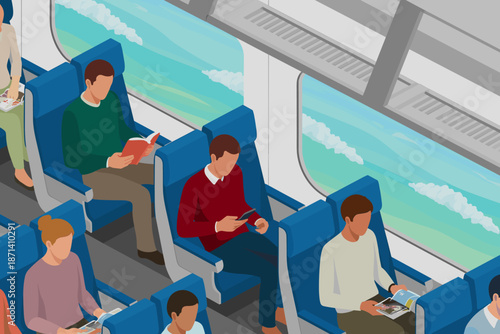 Passengers Relaxing on a Train Commute Reading and Using Mobile Phones in Modern Interior with Blue Seats and Scenic Window View Illustration for Travel Tourism Transportation Public Transit and Lifes